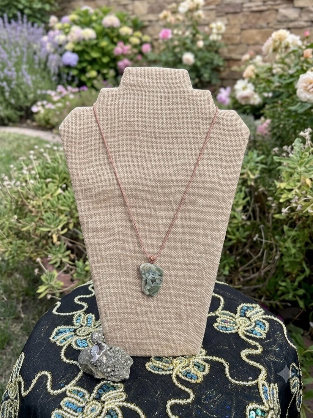 Handmade Green Ocean Jasper Pendant Necklace on Copper Chain